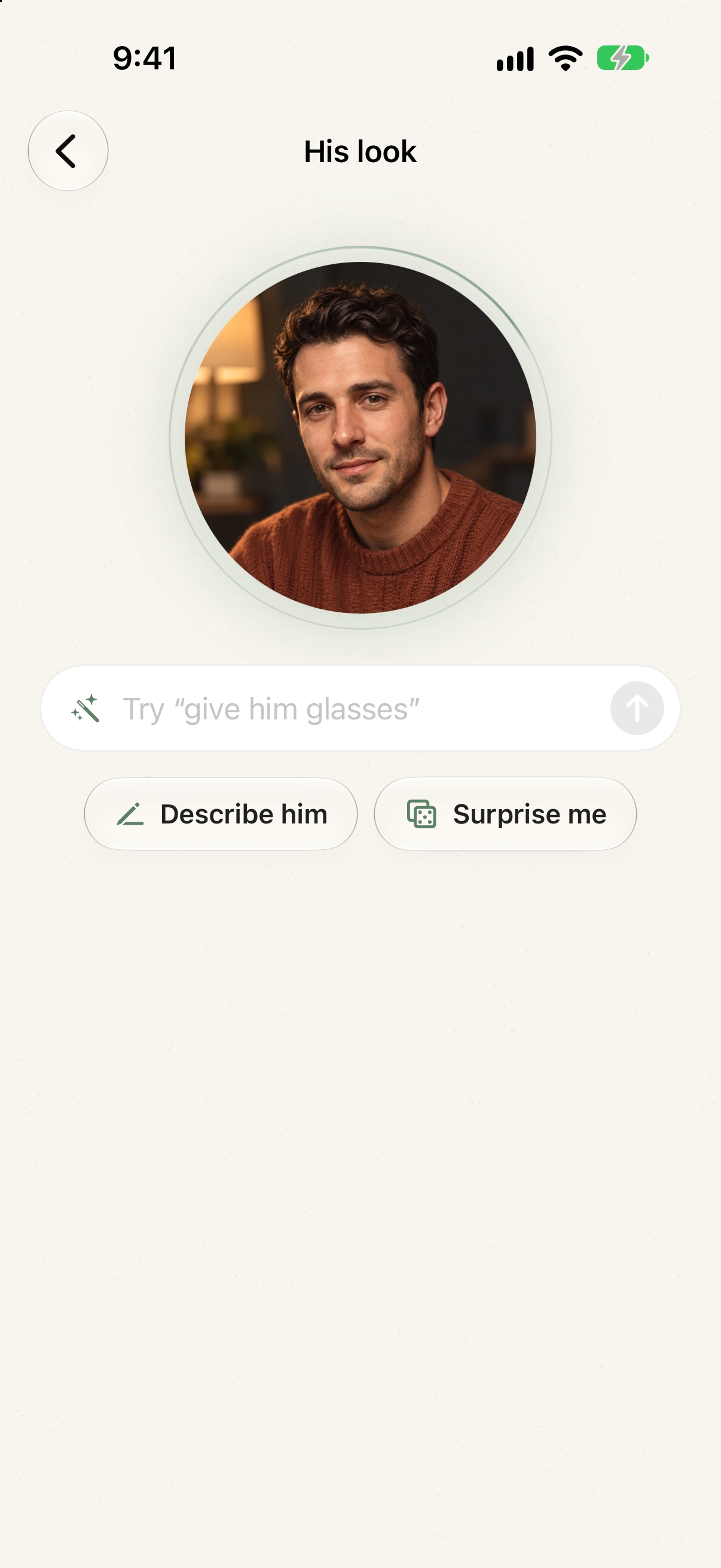 His look screen with a describe field, a Describe him button and a Surprise me button